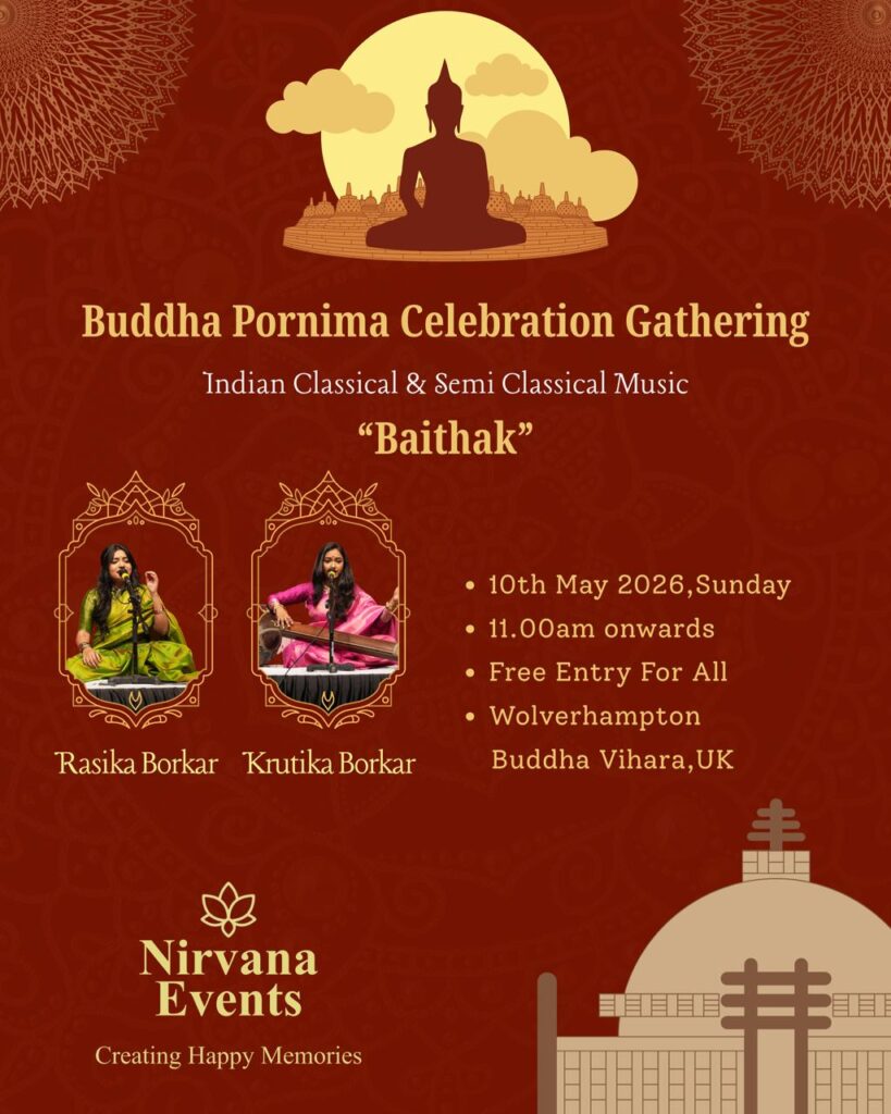 Promotional graphic for Buddha Purnima Celebration Gathering featuring Indian classical and semi-classical music titled 'Baithak'. Includes details about performers Rasika Borkar and Krutika Borkar, event date on 10th May 2026, starting at 11.00 AM, free entry in Wolverhampton at Buddha Vihara, and Nirvana Events branding.